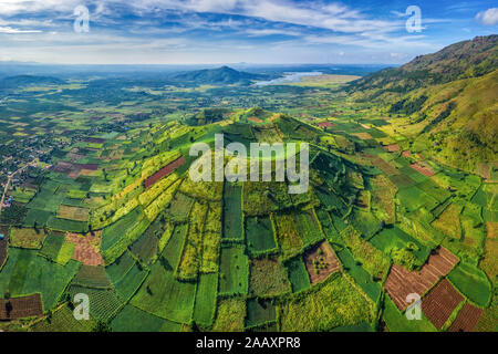 Vue aérienne de la montagne du volcan Chu Dang Ya avec la fleur de Da Quy ou la fleur de Tithonia diversifolia près de la ville de Pleiku, province de Gia Lai, Vietnam. Chu DangYa Banque D'Images