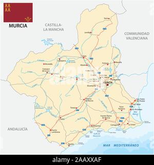 Road map of the Spanish region Murcia with flag Illustration de Vecteur