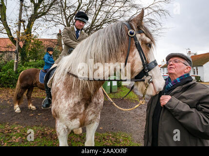 Athelstaneford, East Lothian, Scotland, UK. 24 novembre 2019. Sautoir Festival : le premier jour du festival annuel à l'occasion de St Andrew's Day a lieu dans le berceau de l'indicateur national écossais où le sautoir apparut dans le ciel comme un bon présage quand les Pictes et Scots défait les Saxons dirigée par Athelstan. Sur la photo : Craig Donnelly sur un Strawberry Roan Clydesdale mare avec le marié/propriétaire Arthur Greenan Banque D'Images