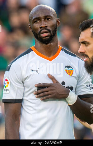 Séville, 23-11-2019. Primera Division Ligue espagnole. LaLiga. L'Estadio Benito Villamarin. Eliaquim Mangala (Valence CF) durant le jeu Real Betis - Valencia CF. Banque D'Images