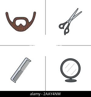 Coiffure color icons set. Barbe, ciseaux, peigne et miroir rond. Vector illustrations isolées Illustration de Vecteur