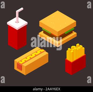 3D isométrique d'articles de restauration rapide. Burger, hot-dog, frites et soda. Poly bas style voxel vector illustration set. Illustration de Vecteur