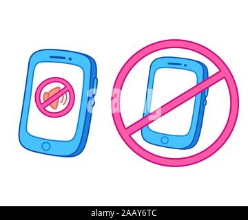 Smartphone Blackberry en mode silencieux et avertissement pour mettre le téléphone hors tension. Pas de son, le silence et l'interdiction de téléphone symbole. Cartoon style vector illustration. Illustration de Vecteur