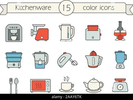 Four color icons set. Machine à café, bouilloire électrique, grille-pain et de Mincer, cuiseur à vapeur, filtre à eau, mixer, centrifugeuse, blender, cuillère, pour Illustration de Vecteur