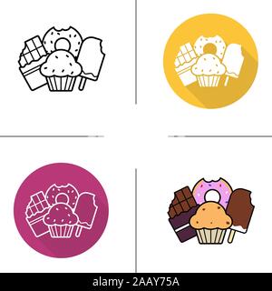 L'icône de la confiserie. Modèle plat, linéaire et de couleurs. Des bonbons. La malbouffe. Beignet glacé, mordu de chocolat, cupcake et la crème glacée. Vecto isolés Illustration de Vecteur