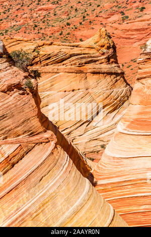 Profondeur en couches d'un grand nombre de tours de grès et les canyons de grès strié avec fonctions d'onde dans le désert de l'Arizona du nord, près de l'Utah. Banque D'Images