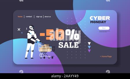 Chariot robot poussant le panier avec des boîtes de carton cyber lundi grosse vente offre spéciale concept holiday shopping discount poster toute la longueur horizontale vector illustration Illustration de Vecteur