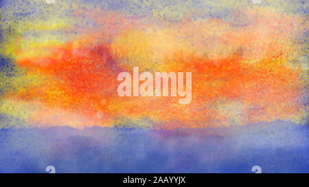 Aquarelle paysage paysage expressionniste avec rouge jaune et orange et bleu ciel de l'eau. Illustration par ordinateur avec l'exemplaire de l'espace. Banque D'Images