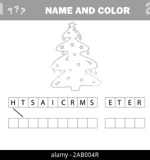 Livre de coloriage ou une page, l'illustration. Arbre de Noël avec des décorations et des cadeaux. Concept de carte de vœux. Illustration de Vecteur