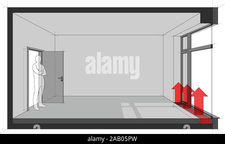 Illustration 3d de salle vide avec porte et fenêtre et français grand homme debout dans la porte ouverte et pour le chauffage convecteur étage en face de la fenêtre Illustration de Vecteur