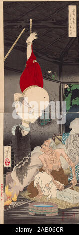 La maison solitaire sur Adachi Moor (1885) par Tsukioka Yoshitoshi dans le conte le hag d'Adachigahara, une vieille femme cannibales sur les proies les voyageurs, en particulier les femmes enceintes et les enfants, sur l'Adachi Moor dans le nord du Japon. Dans cette scène, le hag d'affûtage est le couteau qu'elle utilisera pour la tuer en gestation et captive l'enfant à naître. Créé en 1885, la maison solitaire sur Adachi Moor est macabre mais, en ne montrant pas le moment de la violence, il est moins sanglantes que certains de Tsukioka Yoshitoshi estampes antérieures, telles que celles de la série 1867 Vingt-huit célèbres meurtres. Banque D'Images