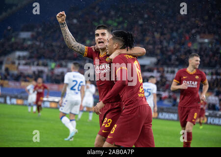 Gianluca Mancini de l'AS Roma célébrer un but au cours de la Serie A italienne football match entre l'AS Roma et de Brescia au Stade olympique de Rome.(score final ; que les Roms 3:0) Banque D'Images