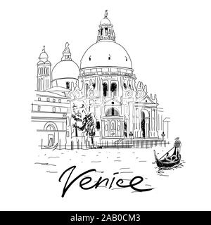 L'église Santa Maria della Salute sur Grand Canal à Venise, Italie. Illustration croquis dessinés à la main, Banque D'Images