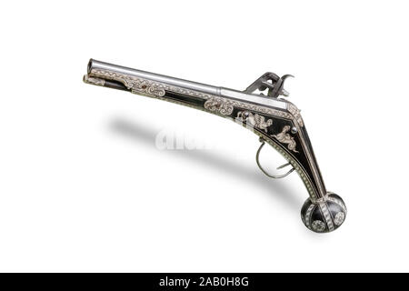 Pistolet allemand (gun) avec wheellock. La fin du 16ème siècle. Isolé sur le fond blanc Banque D'Images