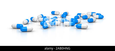 Eine Vielzahl blauer Tabletten vor weissem Hintergrund Banque D'Images