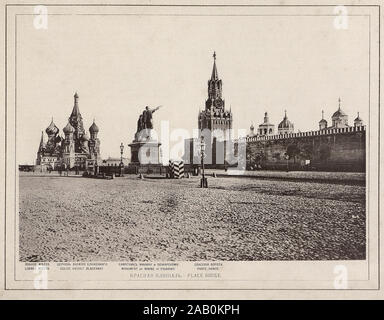 Vue sur le Kremlin de Moscou, la cathédrale Saint-Basile (la cathédrale de Vasily la bienheureuse) et le monument de minine et Pojarski. 19ème siècle, Moscou, Banque D'Images