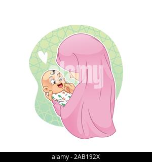 Mère en Hijab tenant son bébé nouveau-né garçon, vie de famille, parentalité, Cartoon Vector Illustration mascotte, isolé en fond blanc. Illustration de Vecteur