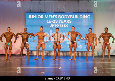 Budapest. 24 Nov, 2019. Les participants au cours de la compétition de Bodybuilding Hommes Juniors 16-23 ans jusqu'à 75 kg à l'IFBB Junior Musculation et Body Fitness Championnats du monde à Budapest, Hongrie le 24 novembre, 2019. Credit : Attila Volgyi/Xinhua/Alamy Live News Banque D'Images