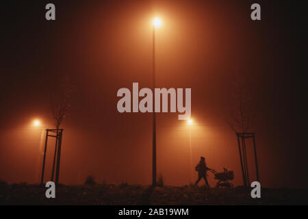 Silhouette de mère poussant une poussette sur un soir brumeux Banque D'Images