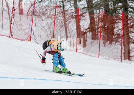 Québec,Canada. Un skieur participe à la Super Série Sports Experts Mesdames course de slalom qui s'est tenue à Val Saint-Côme Banque D'Images