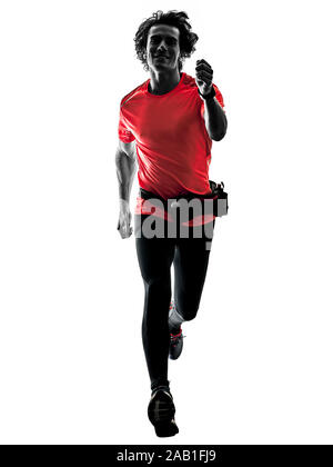 One man pratcticing runner jogger running jogging en silhouette studio isolé sur fond blanc Banque D'Images