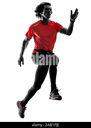 One man pratcticing runner jogger running jogging en silhouette studio isolé sur fond blanc Banque D'Images