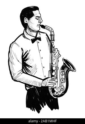 Musicien de jazz jouant du saxophone. Dessin noir et blanc Encre Banque D'Images