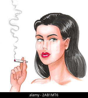 Jolie femme de fumer de la marijuana. Encre et aquarelle illustration Banque D'Images