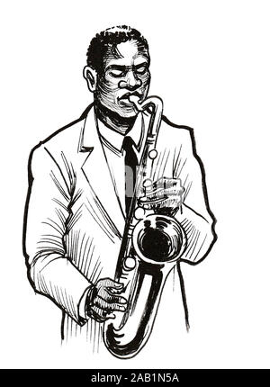 Musicien Noir à jouer du saxophone. Dessin noir et blanc Encre Banque D'Images