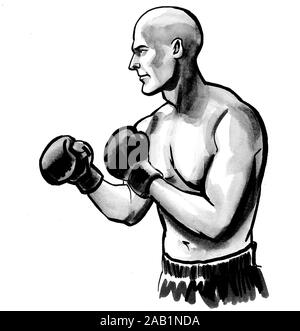 L'athlète de boxe. Dessin noir et blanc Encre Banque D'Images