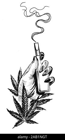 Feuilles de cannabis et de tenir la main d'un vaporisateur. Dessin noir et blanc Encre Banque D'Images