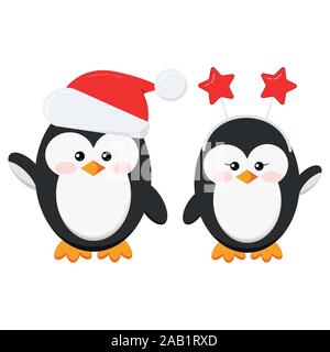 Noël Cute penguin boy and girl jeu d'attaches isolé sur fond blanc Illustration de Vecteur