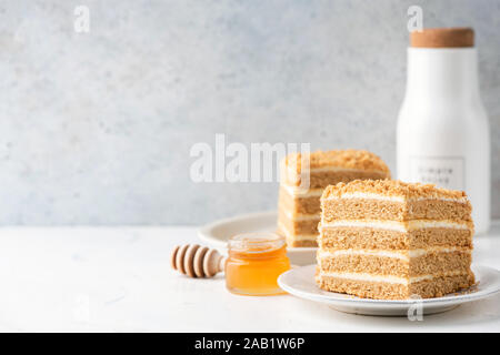 Medovik gâteau au miel sur plaque blanche sur fond de mur de béton gris. Cake slice with copy space Banque D'Images