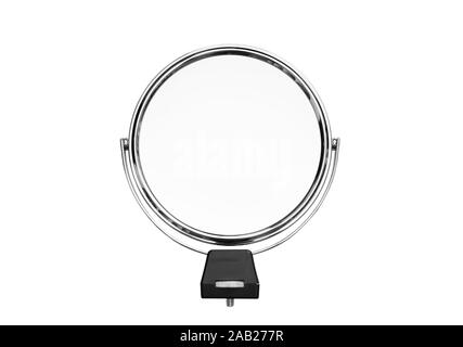 Desktop constituent un miroir isolé sur fond blanc. Tourner rond petit miroir dans un cadre en métal. Banque D'Images