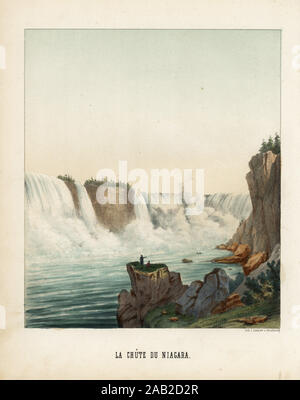 Vue sur la célèbre chute d'eau à Niagara Falls, 19e siècle. La chute du Niagara. Lithographie coloriée par Emile Lemaitre de Munerelle's Les Phenomenes et Curiosites de la nature (les phénomènes naturels et leurs curiosités), Libraire Derivaux, Strasbourg, 1856. Banque D'Images