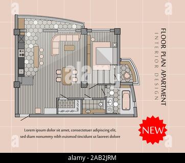 Plan d'étage d'un appartement moderne. Loft design intérieur avec cuisine, chambre, salle de bains, salle de séjour et balcon. Vector Illustration de Vecteur