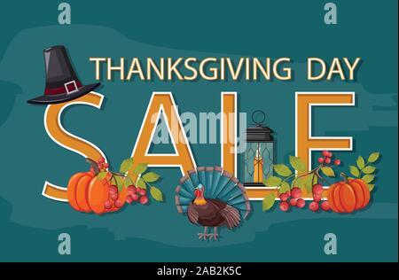 Jour de Thanksgiving vente bannière. Light up lanterne, Turquie, chapeau de sorcière, des citrouilles, des fruits rouges. Fond turquoise bleu. Maison de vacances Vector Illustration de Vecteur