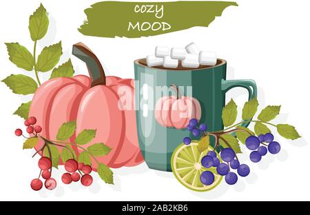 Composition confortable d'automne avec une tasse de chocolat chaud avec des guimauves. Les petits fruits rouges et bleus et des citrouilles. Vecteur de vie sain et biologique Illustration de Vecteur