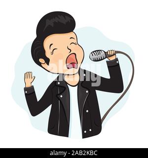 Guy chanter dans le micro, personnage, dessin à la main. Garçon avec cheveux mis dans un coc en veste en cuir noire est titulaire d'un microphone à la main, iso Illustration de Vecteur