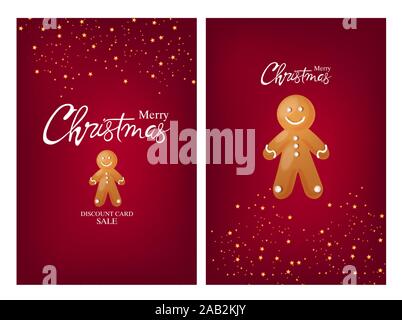 Jeu de cartes joyeux noël gingerbread cookie avec les hommes et les étoiles, resplendit de décorations. Vecteur de fond rouge Illustration de Vecteur