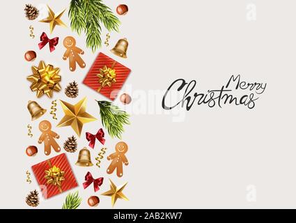 Joyeux Noël bannière panoramique avec cadeaux enveloppés de feuilles d'arbres, de pins, de babioles, des cônes de conifères et fairy lights. Décorations colorées. Maison de vacances vect Illustration de Vecteur