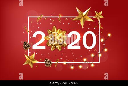 Nouvelle Année 2020 bannière avec étoiles d'or et ruban. Lumière chaude fairy lights et fond rouge. Vector Illustration de Vecteur