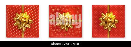 Vue de dessus rouge noël coffrets cadeaux avec du ruban d'or. Décorations sur la boîte. Vector Illustration de Vecteur