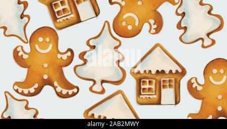 Gingerbread cookies de Noël avec bonhomme de neige, sapin et chiffres. Style aquarelle Illustration de Vecteur