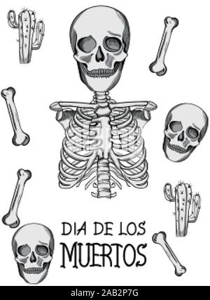 Le Jour des Morts mexicain parti avec squelette creepy, le crâne, les os et cactus. Vecteur de monochrome Illustration de Vecteur