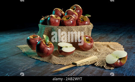 Le rendu 3D de la moitié de pommes rouges et de pommes entières dans un bol avec du tissu en question à l'aide d'un couteau Banque D'Images