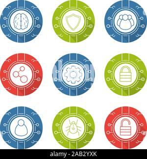 Cyber security design plat long shadow icons set. Réseaux de neurones, la cybersécurité, le groupe d'utilisateur, les connexions numériques, les paramètres réseau, accès refusé. T Illustration de Vecteur