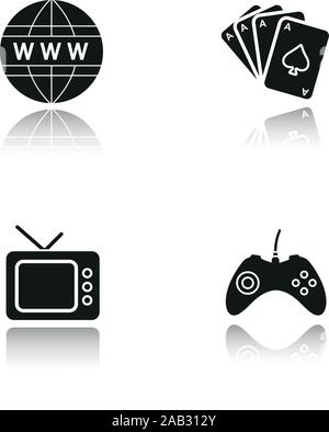 L'ombre portée de la toxicomanie icônes noires. La manette de la console de jeu, www symbole de réseau, le jeu des cartes à jouer, retro tv-set. Jeu, jeux, internet et tv Illustration de Vecteur