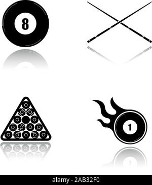 Ombre portée de billard black icons set. Cuesports accessoires. 8 ball, traversé des duc, support de boule, boule en feu. L'équipement de piscine. Illust vectorielles Illustration de Vecteur