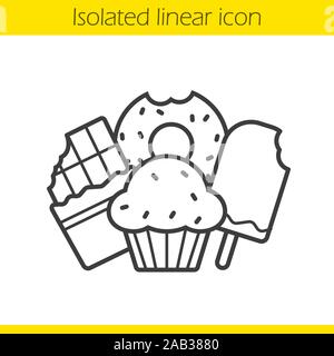 Icône linéaire de confiserie. Fine ligne illustration. Barre de chocolat, mordu donut, muffins aux raisins secs et la crème glacée symbole de contour. Vector isolated o Illustration de Vecteur